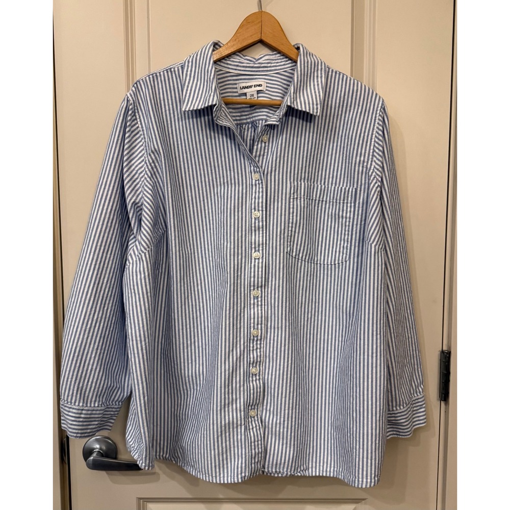 Lands' End Women's Blue White Striped Button Down Shirt Plus Size 2X (20W-22W)